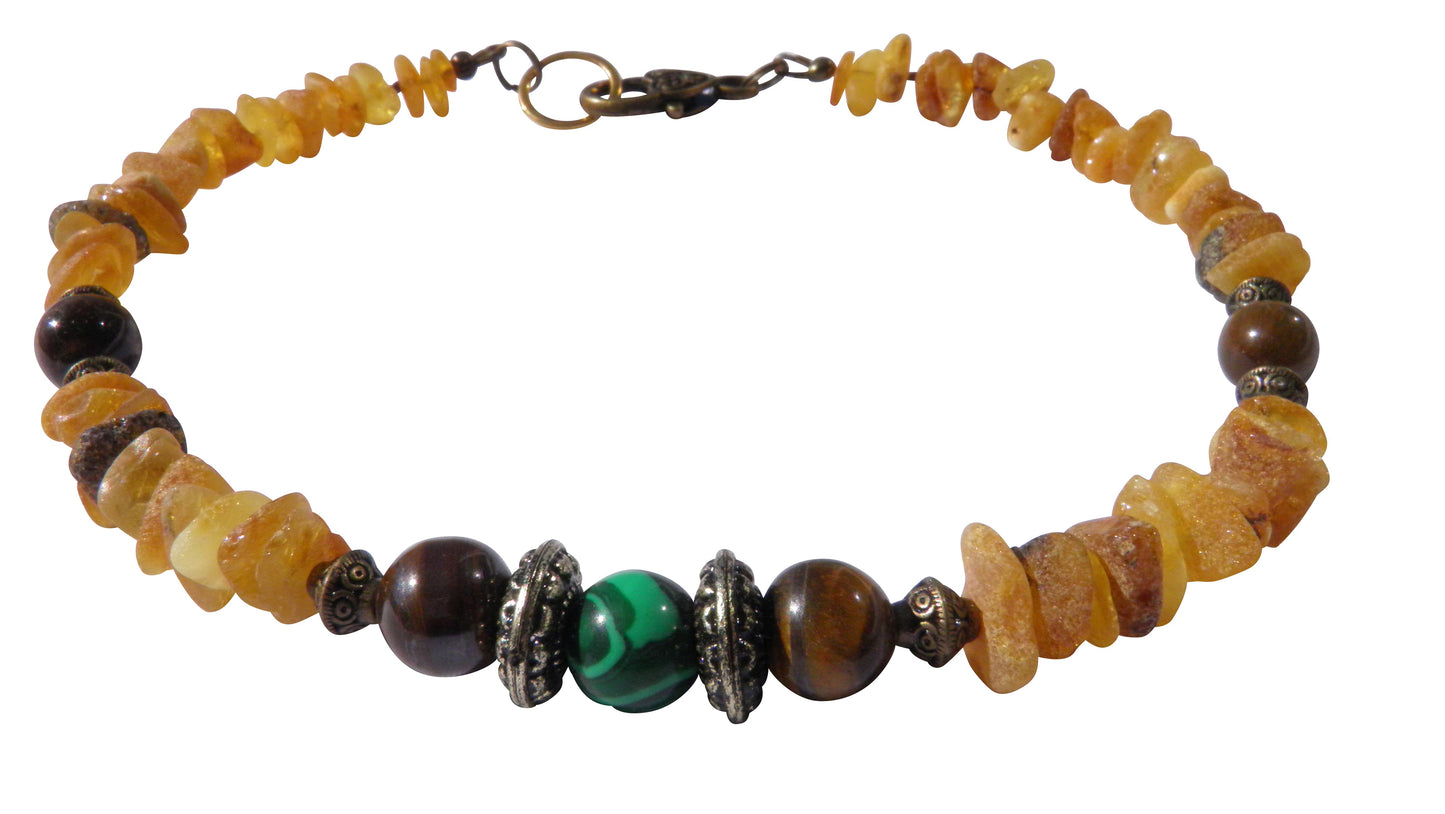 Amberdog Bernsteinkette mit Malachit und Tigerauge 37cm Halsband