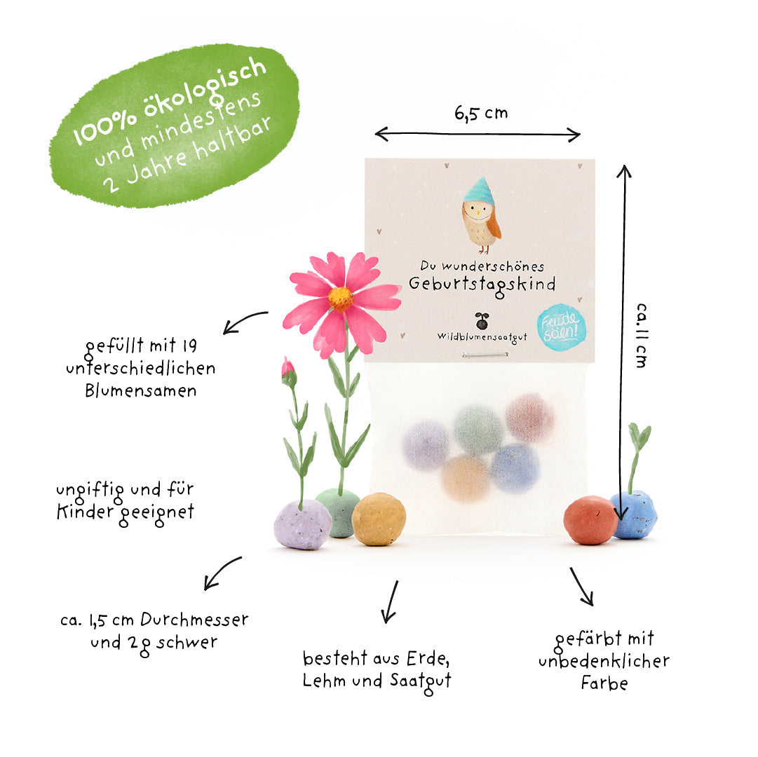 5 bunte Blumenmurmeln im Tütchen mit Geburtstagsgruß-Die Stadtgärtner