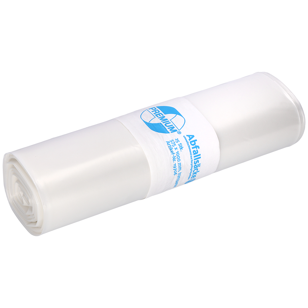 Reißfeste Müllsäcke 70 Liter aus Recycling LDPE transparent 575 x 1000 x 0,06 mm-Altruan