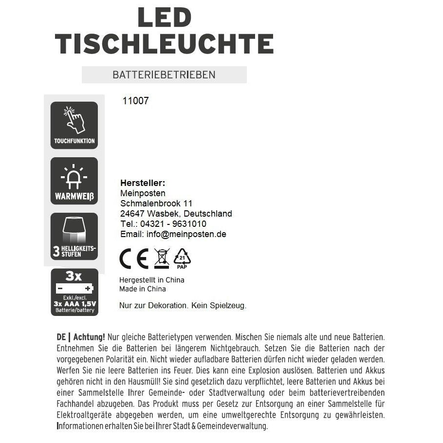 Tischleuchte Touch dimmbar LED Lampe schwarz kabellos Höhe 26 cm