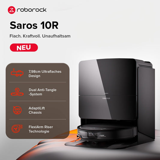 roborock Saros 10R Saugroboter mit Wischfunktion&angebbarem Wischmopp, 22,000 Pa, 7,98cm Ultra-Slim Design, StarSight System 2.0, Zero-Tangle System