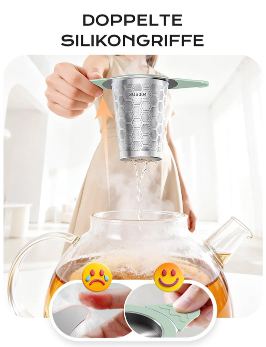 Yomanta Teesieb für Losen Tee 2 Stück - Teesieb Edelstahl 304 mit Silikon Griff & Deckel, 0.4mm Feinmaschig, Teefilter für Tasse und Teekanne - grün