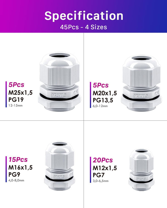 Kabelverschraubung Set Wasserdicht und Einstellbar 45 Teilig