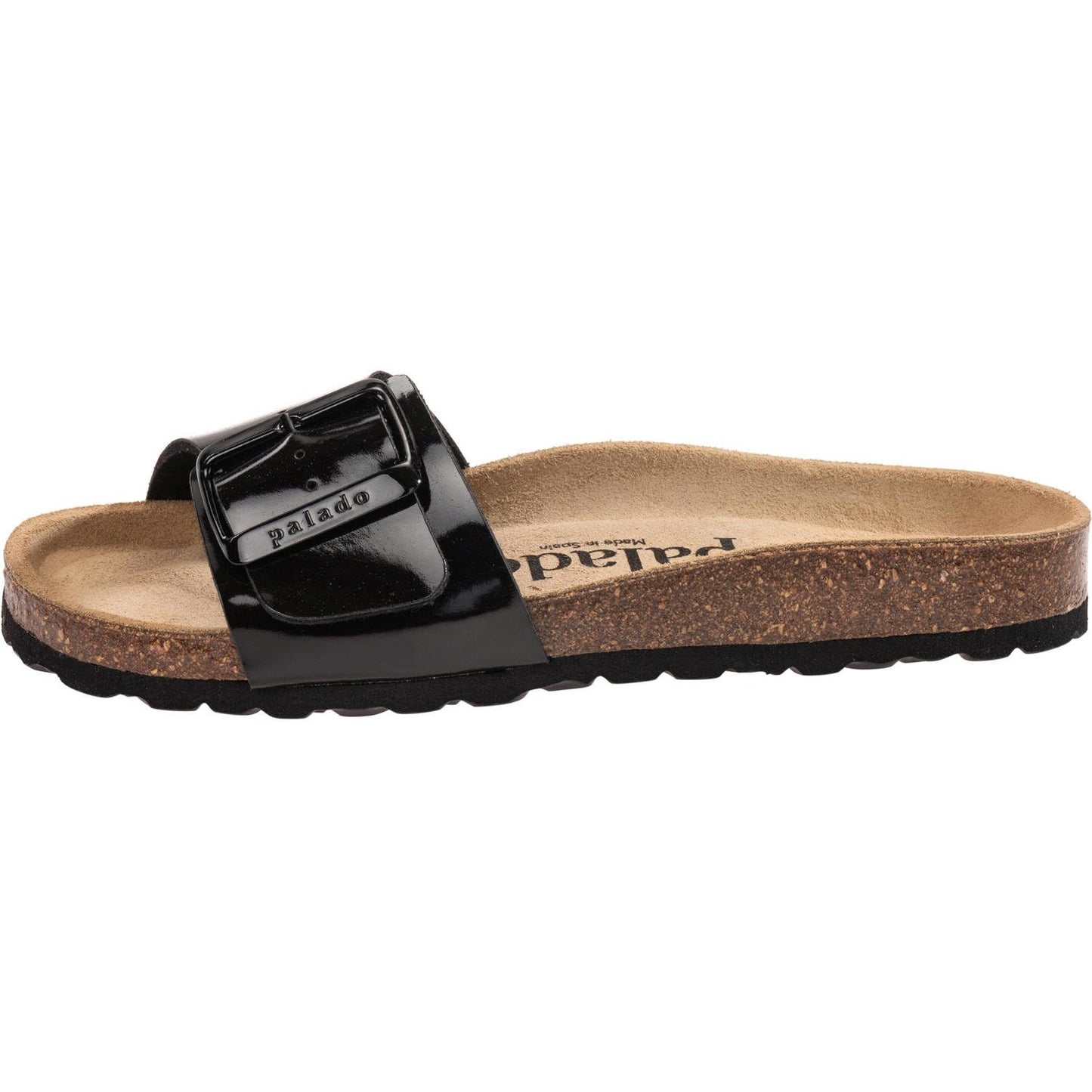 Palado Pantoletten Damen Malta EGS Lack – bequeme Sandalen Made in Spain - Hausschuhe mit dämpfendem Kork-Fußbett - modische Sommerschuhe Schwarz/Schwarz UK3,5 - EU36