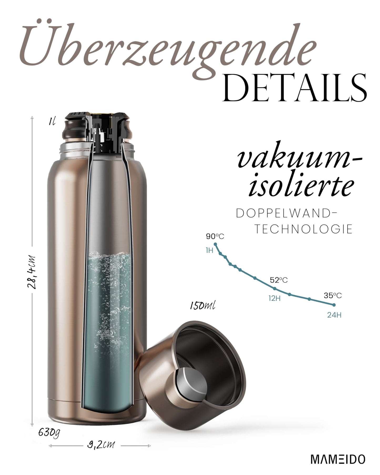 MAMEIDO Thermoskanne Edelstahl 1 l mit Becher auslaufsicher stilvoll-MAMEIDO