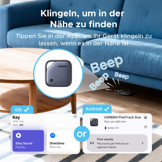 UGREEN FineTrack Duo 4 Pack für iOS & Android, USB C aufladbarer GPS Tracker kompatibel mit Apple Find My oder Google Find Hub, 12 Monaten Laufzeit, Schlüsselfinder für Backpack, Koffer, Pass usw.