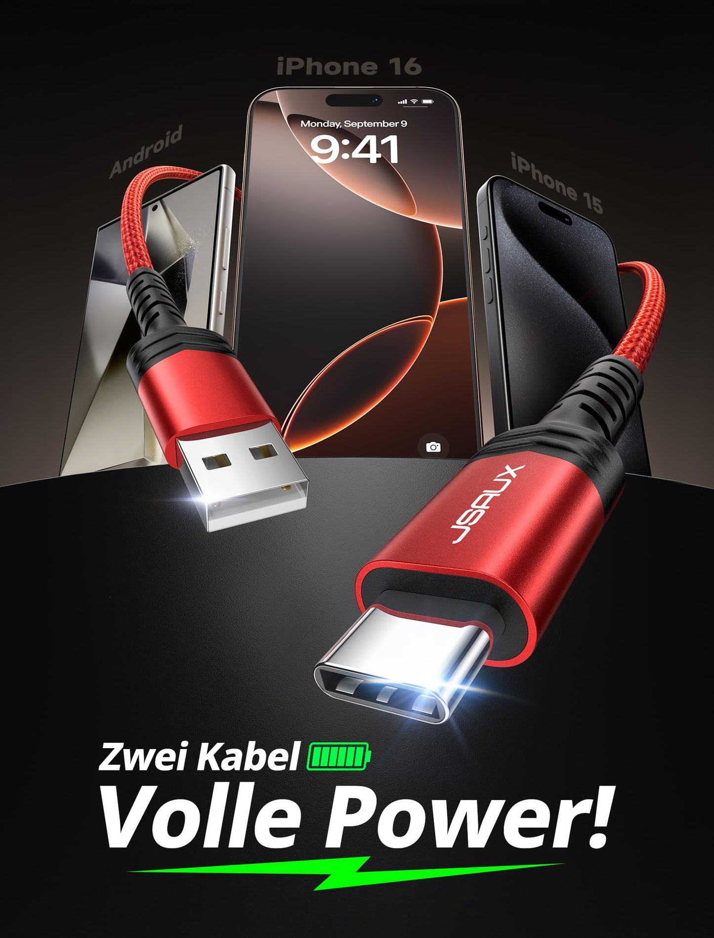 Robustes USB C Schnellladekabel 2 Meter Rot 2er Set