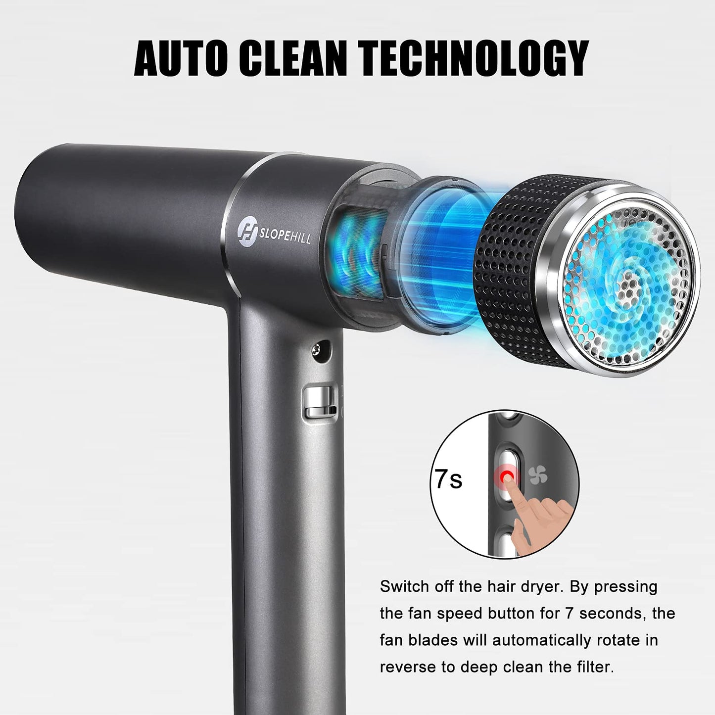 slopehill Haartrockner mit einzigartigem bürstenlosem Motor | Intelligente Fehlerdiagnose | Innovativer Mikrofilter | Oxy Active Technology | LED-Anzeige | 268g Superleicht, 2000W (Grau)