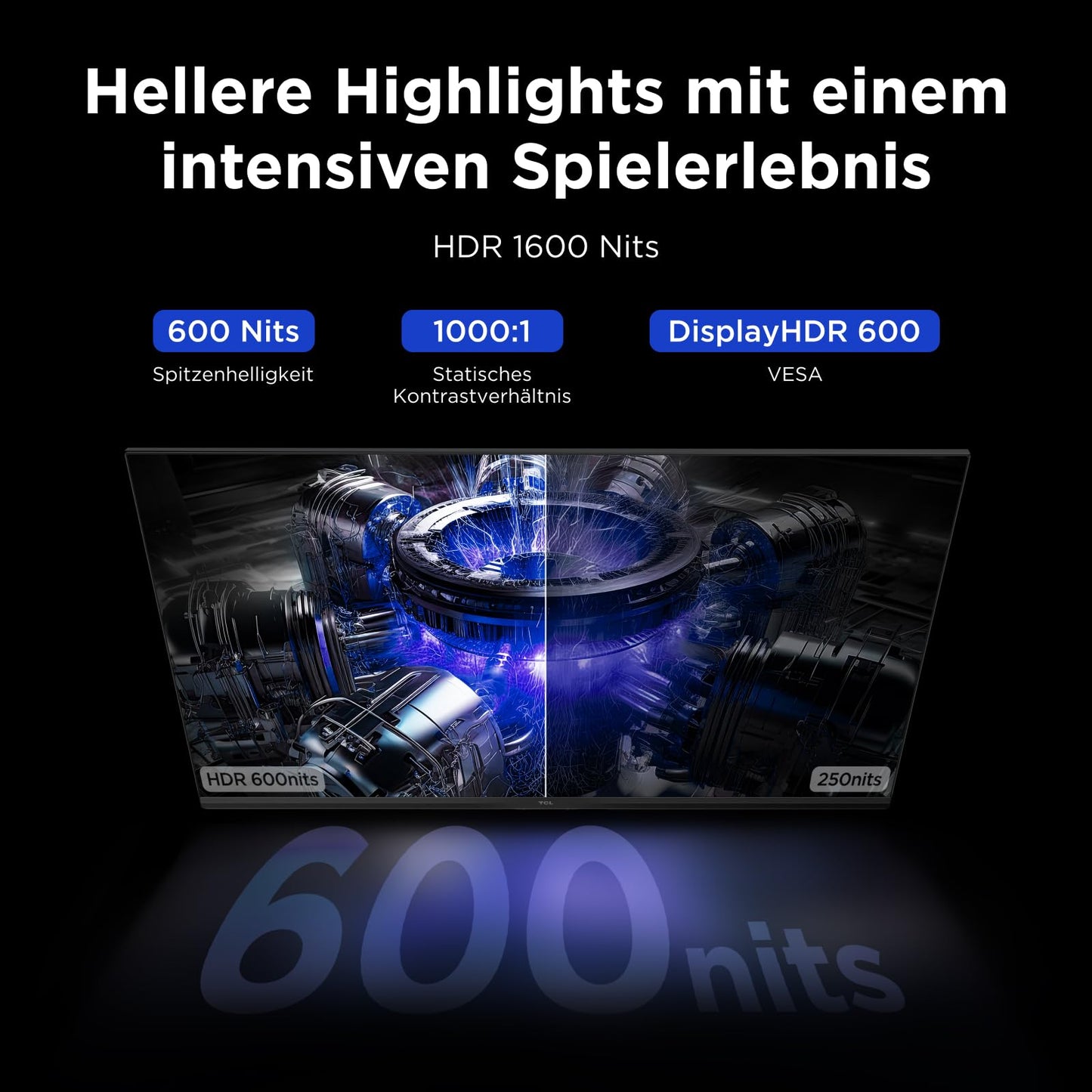 TCL Gaming Monitor 27 Zoll QD-Mini-LED 27G64, QHD-Auflösung, 180Hz, Fast-HVA-Panel, HDR 600 nits, 1ms GTG Reaktionszeit, AMD Freesync, Kompatibilität mit G-Sync