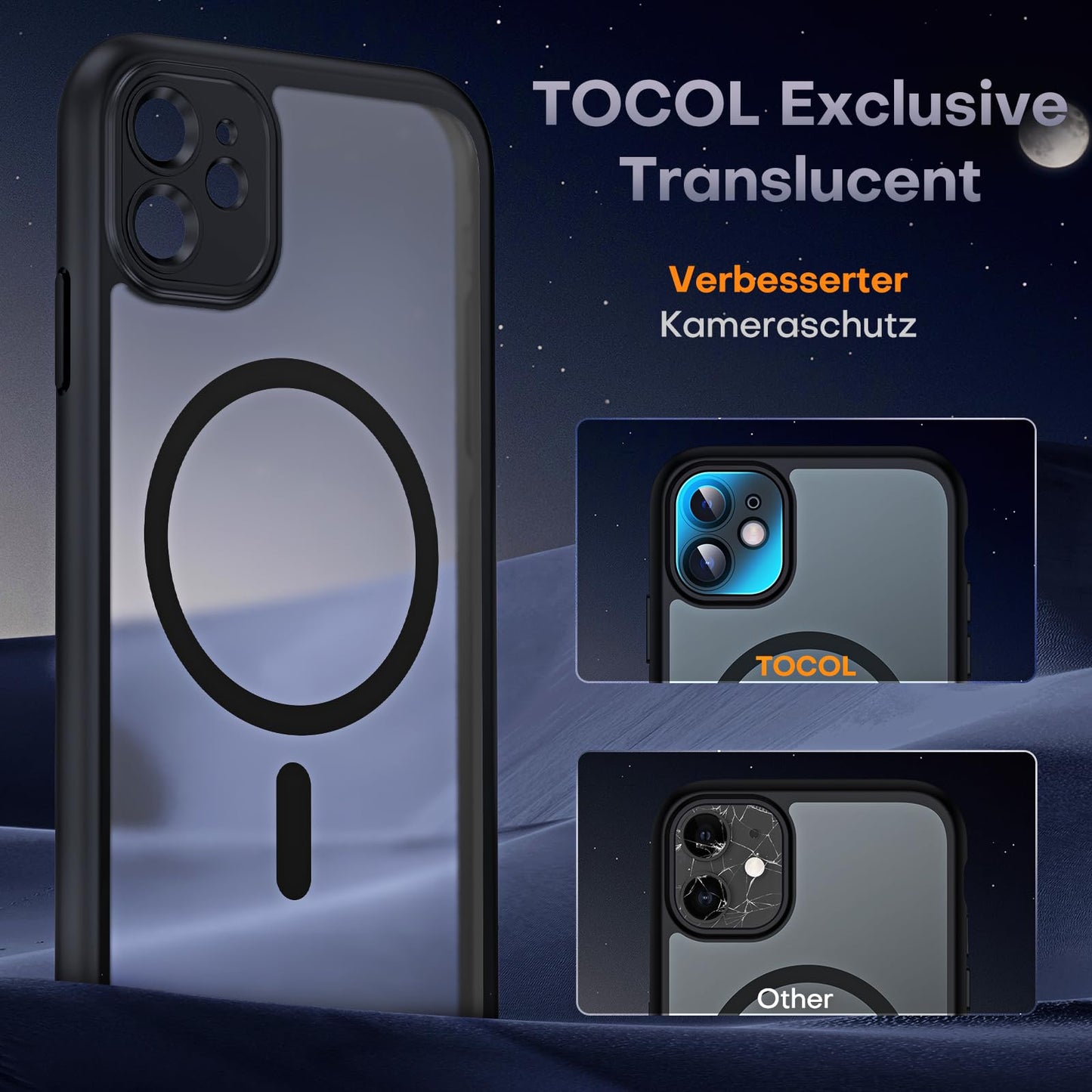 TOCOL für iPhone 11 Hülle für Magsafe, Vollständiger Kameraschutz Stoßfest Kratzfest Transluzente Rückseite Magnetisch Handyhülle für iPhone 11 Case, Schwarz