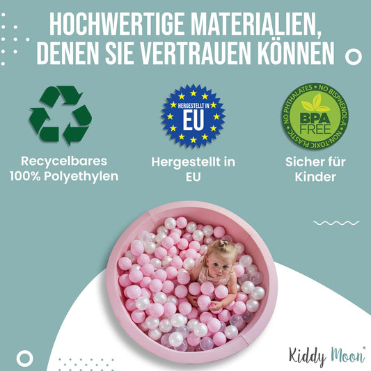 KiddyMoon 200 ∅ 6Cm Kinder Bälle Für Bällebad Spielbälle Baby Plastikbälle Made In EU, Baby Blau/Puderrosa/Perle