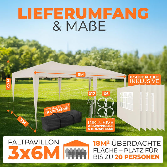 Kronenburg Faltpavillon wasserdicht Pavillon mit 6 Seitenteilen, Gartenzelt, 3x6 m - mit UV Schutz 50+, Champagner