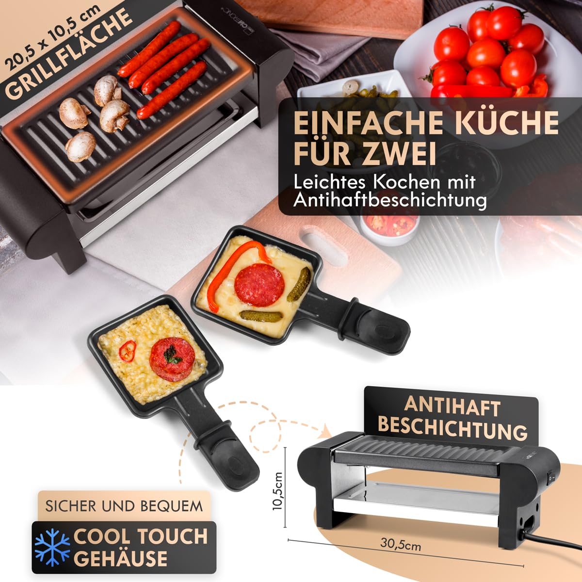 Kompakter 2 Personen Raclette Grill mit Antihaftbeschichtung