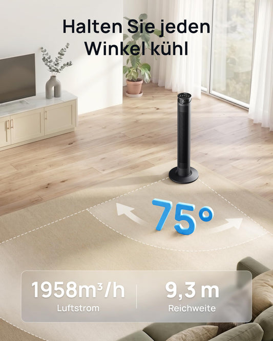 WoleixKlima Ventilator sehr leise 25dB, Turmventilator sehr leise mit Fernbedienung, Standventilator sehr leise mit Fernbedienung, 40W, 4 Modi&3 Stufen, 75°Oszillation, 12H Timer, 93CM