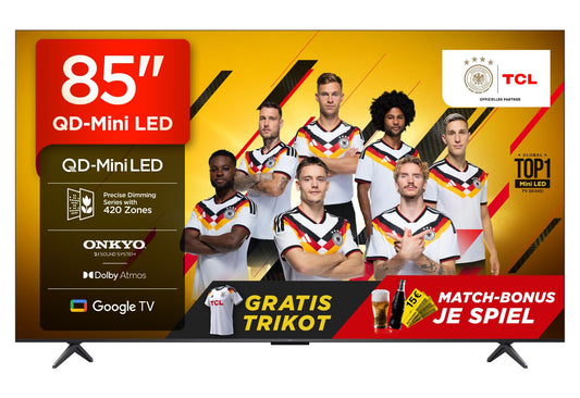 TCL 85Q6C 85 Zoll QD-Mini LED Fernseher, 4K HDR Premium 1000nits, Smart TV mit Google TV (Dolby Vision IQ & Atmos, Onkyo 2.1 Soundsystem, 144Hz Motion Clarity Pro, Game Master)