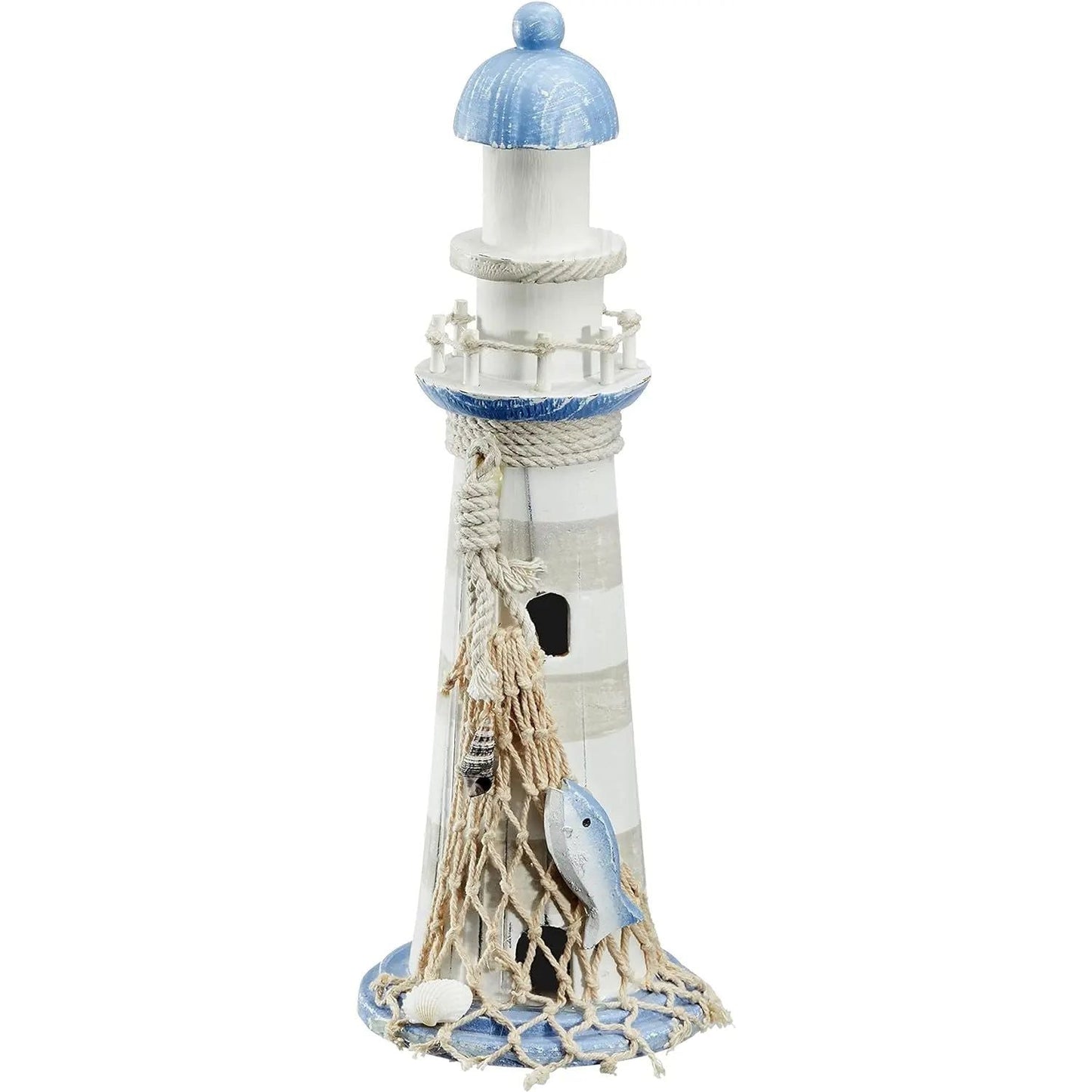 Leuchtturm Holz blau weiß Deko m. Muscheln & Netz Dekoration Strand Meer Maritim