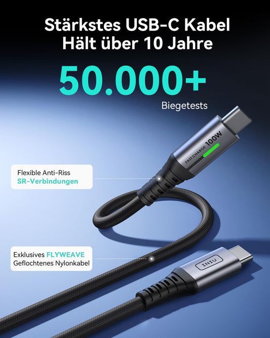 Robustes 100W USB C Schnellladekabel 2m Nylon Geflochten