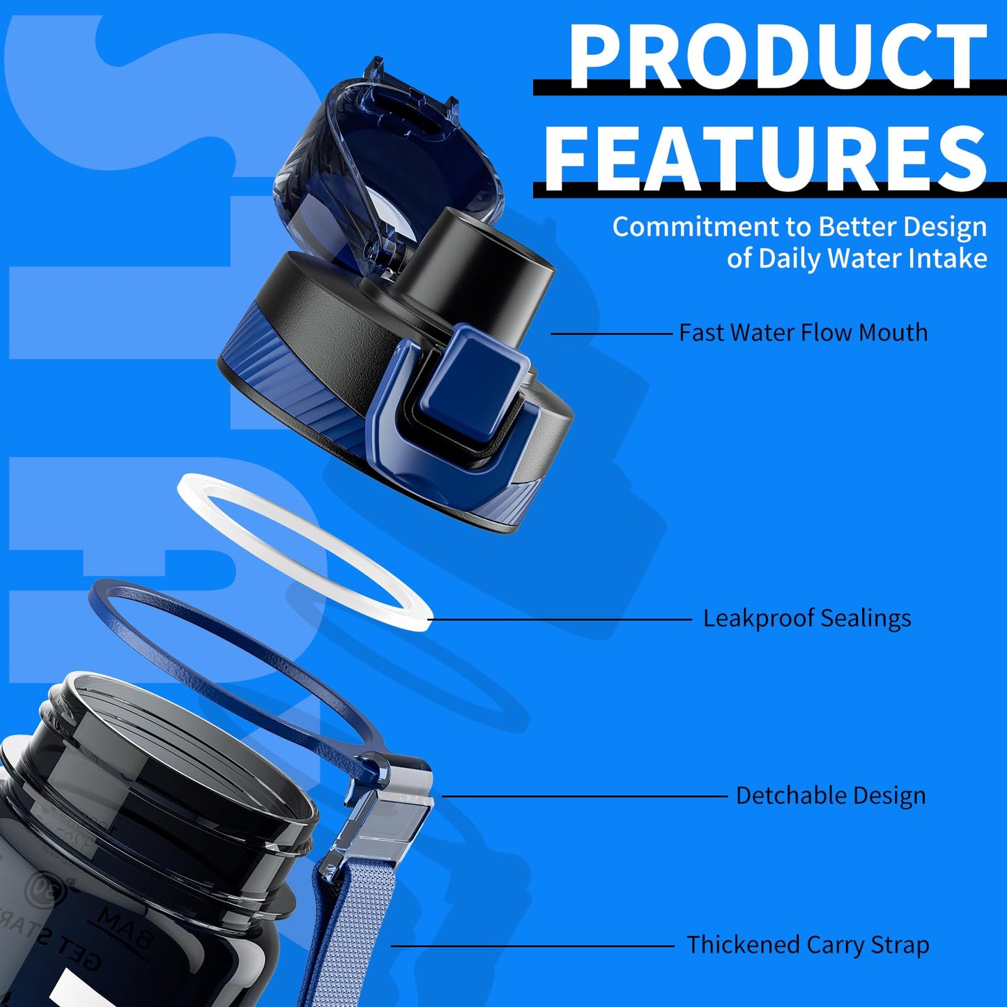 Mevoly Sport Trinkflasche 1 Liter BPA Frei mit Zeitmarkierung Auslaufsicher