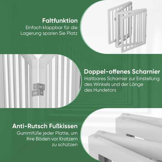 Freistehende Hundegitter für Türen, Faltbares Hundegitter Innen, Haustiergitter für Türen Schlafzimmer, Welpengitter mit Metallstützfüßen, Raumteiler 4 Paneele (Weiß)