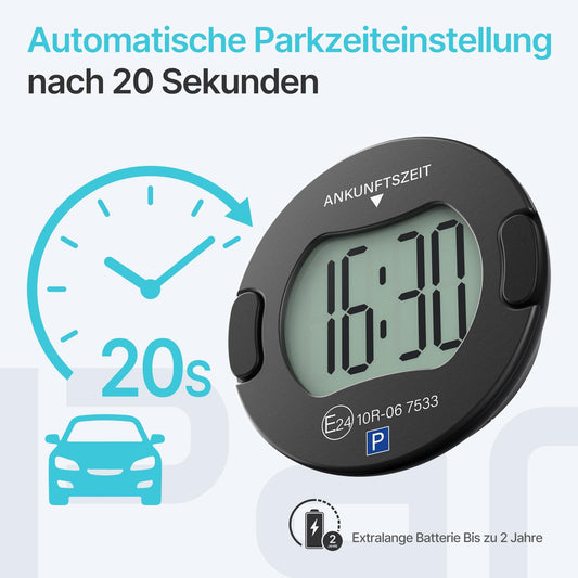 Parkturon Elektronische Parkscheibe PT01 mit Zulassung, Automatische Parkscheibe elektrisch für Autos, Digitale Parkuhr mit 2 Displays & Nachtparkmodus (Schwarz)