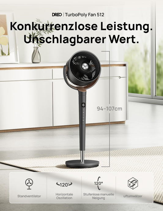 DREO Standventilator sehr leise, Ventilator groß mit Fernbedienung, 20dB Silent Ventilator mit DC-Motor, 120° Oszillierend, 4 Modi, 94-107cm höhenverstellbar, Bodenventilator, TurboPoly Fan 512, Grau