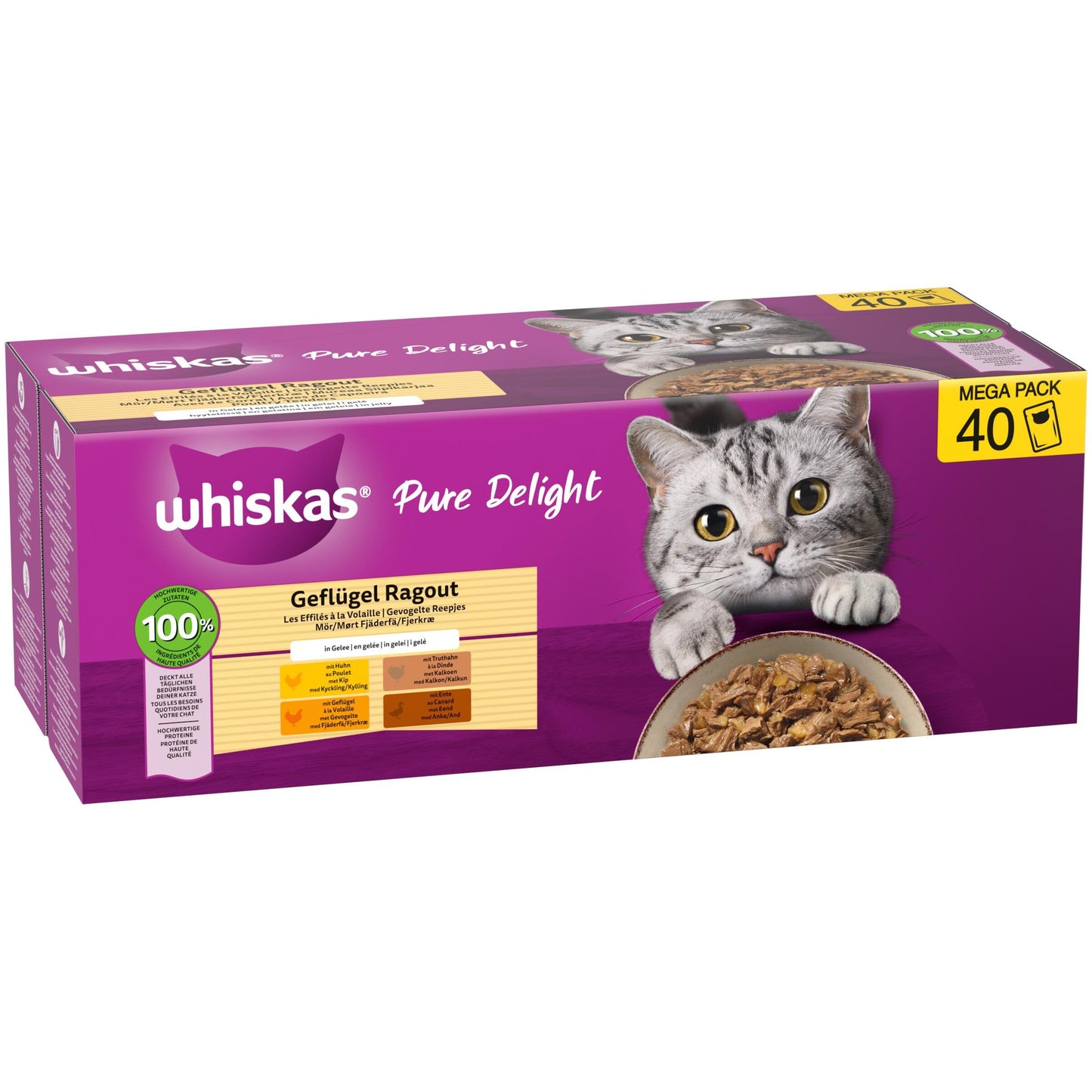 Whiskas 1+ Katzennassfutter Ragout Geflügel Auswahl in Gelee, 40x85g (1 Packung) – Hochwertiges Nassfutter für ausgewachsene Katzen in 40 Portionsbeuteln