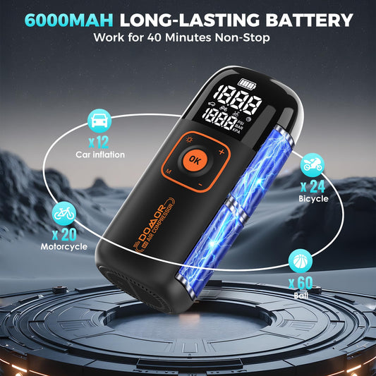 Elektrische Luftpumpe, 150 PSI Tragbare Akku Kompressor 6000mAh, Wiederaufladbarer Luftpumpe Fahrrad mit LED-Licht, Elektrische Fahrradpumpe für Auto, E-Bike, Motorrad