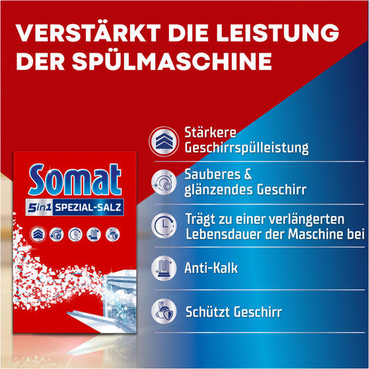Somat Spezial-Salz (1,2 kg), Spülmaschinensalz für eine stärkere Geschirrspülleistung, Wasserenthärter für die Spülmaschine wirkt gegen Kalk für glänzende Ergebnisse und eine längere Lebensdauer
