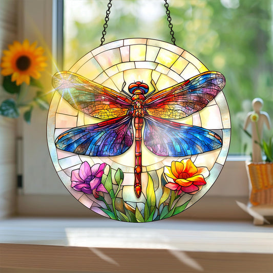 Bunter Acryl Sonnenfanger mit Libellen Motiv und Regenbogen Reflexionen