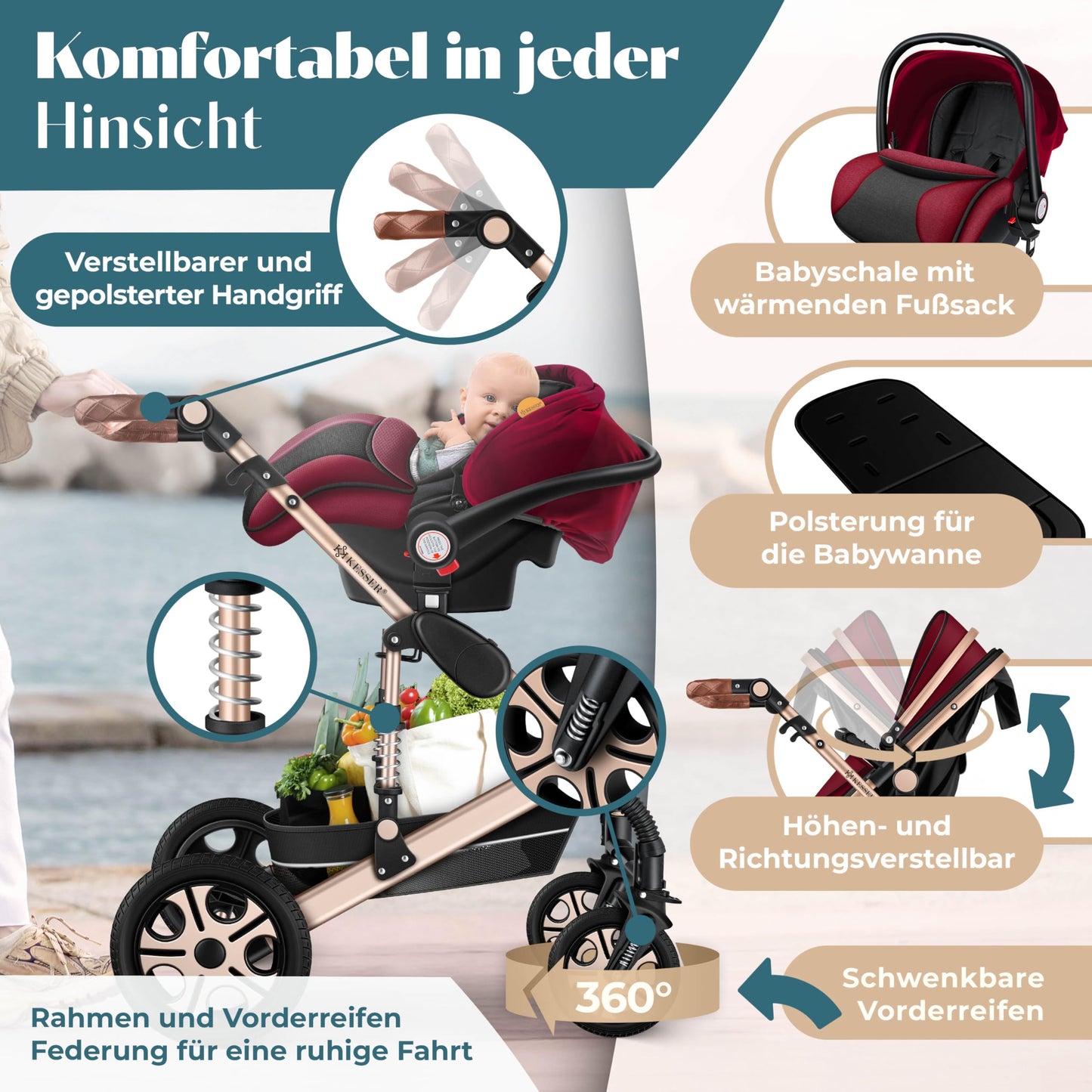 KESSER® Loops 4 in 1 Kinderwagen Kombikinderwagen Komplett-Set inkl. Babywanne & Buggy Sportsitz & Auto-Babyschale Voll-Gummireifen Wickeltasche Regenschutz Kindertisch ECE R129, Rot/Champagne
