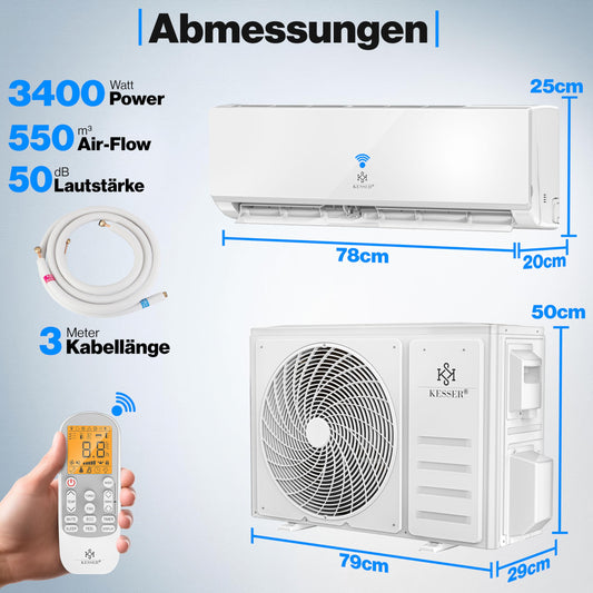 KESSER® Klimaanlage Set Split, WiFi/App Funktion Klimagerät, Kühlen A++/Heizen A+, 12000 BTU/h (3.400W) sehr leise, Kältemittel R32, Fernbedienung, Timerfunktion, Montagematerial, Weiß