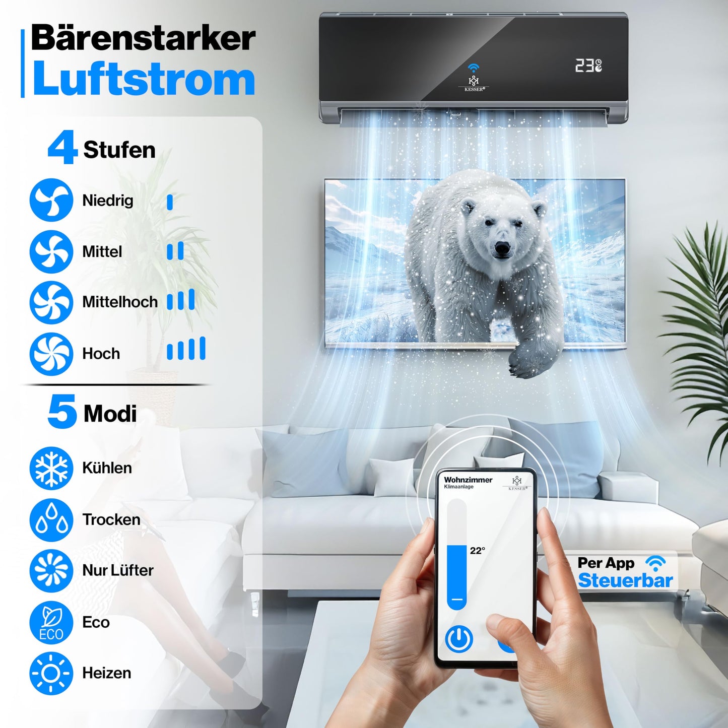 KESSER® Klimaanlage Set Split, WiFi/App Funktion Klimagerät, Kühlen A++/Heizen A+, 12000 BTU/h (3.400W) sehr leise, Kältemittel R32, Fernbedienung, Timerfunktion, Montagematerial, Anthrazit