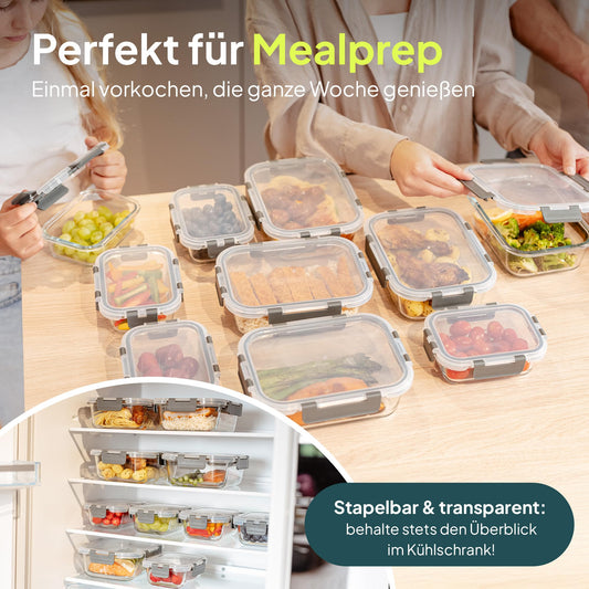 uandu Glasbehälter mit Deckel, 20- teilig, Borosilikatglas mit Deckel, Meal prep Gläser, Frischhaltedosen Glas mit Deckel, Glasdosen mit Deckel Set, Meal prep Boxen Glas (10 Behälter, 10 Deckel)