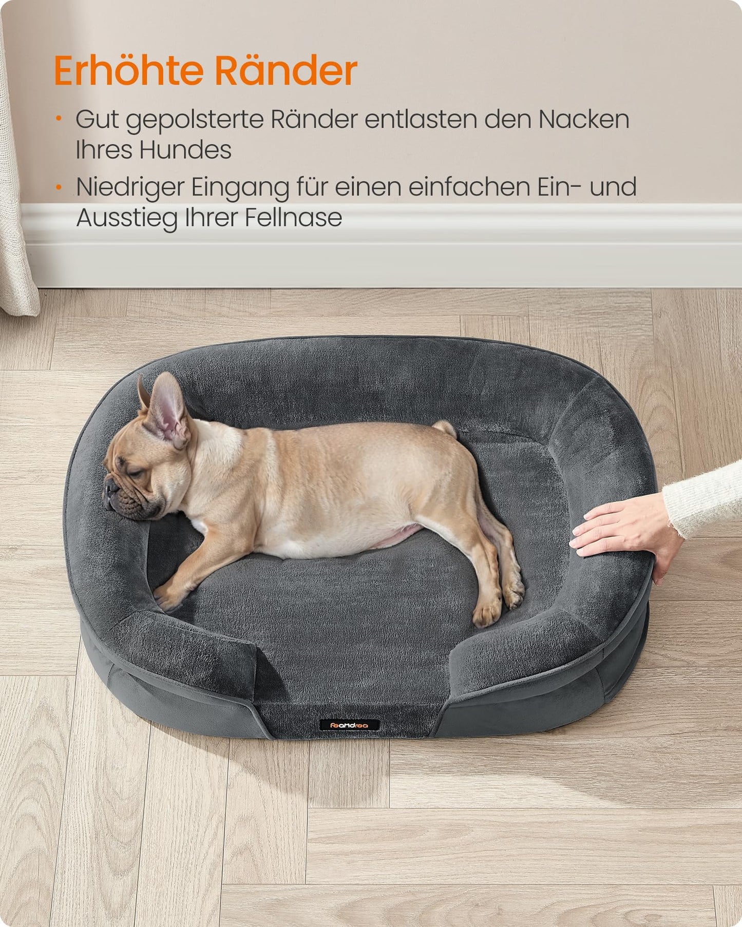Feandrea Hundebett, Hundekissen, für mittelgroße Hunde, 76 x 51 x 18 cm, orthopädisch, wasserdichte Innenschicht, erhöhte Ränder, Abnehmbarer, waschbarer Bezug, rutschfest, schiefergrau PGW281GN01
