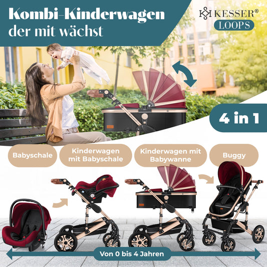 KESSER® Loops 4 in 1 Kinderwagen Kombikinderwagen Komplett-Set inkl. Babywanne & Buggy Sportsitz & Auto-Babyschale Voll-Gummireifen Wickeltasche Regenschutz Kindertisch ECE R129, Rot/Champagne