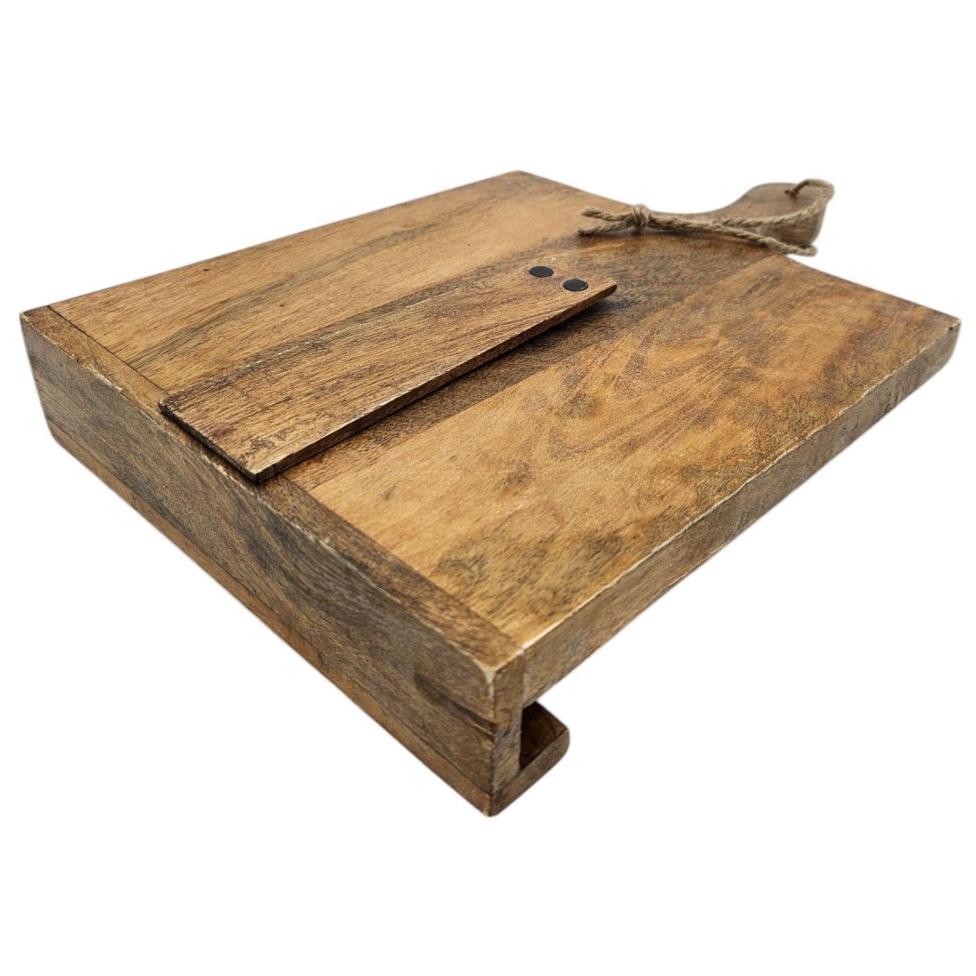 Praktischer Kochbuchhalter aus Mangoholz mit Transportgriff und Kordel