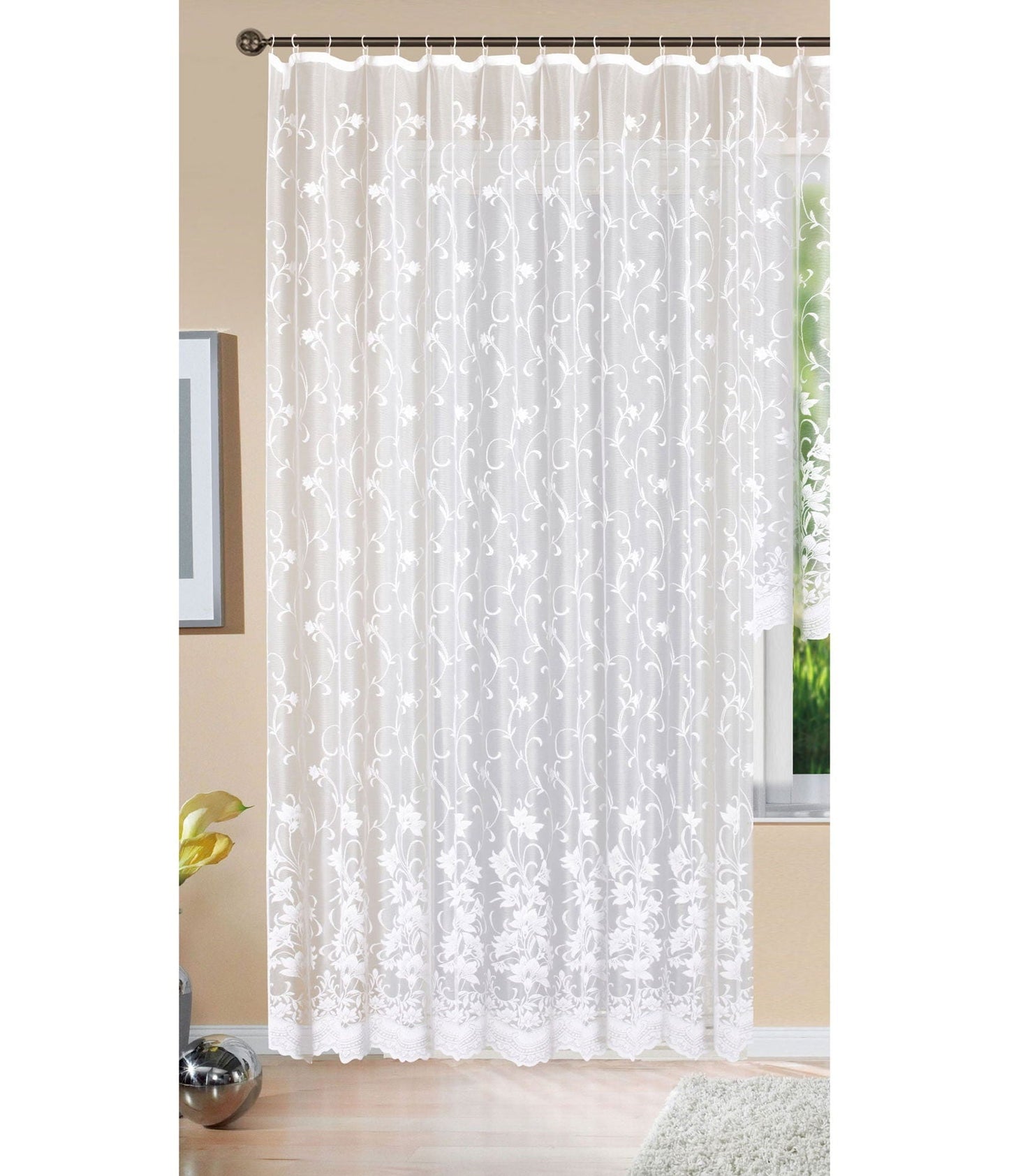 Gardine Store Jacquard Koblenz Kräuselband Universalband Weiß Blumenmuster Transparent Voile Vorhang Wohnzimmer 13146-gardinenbox.de