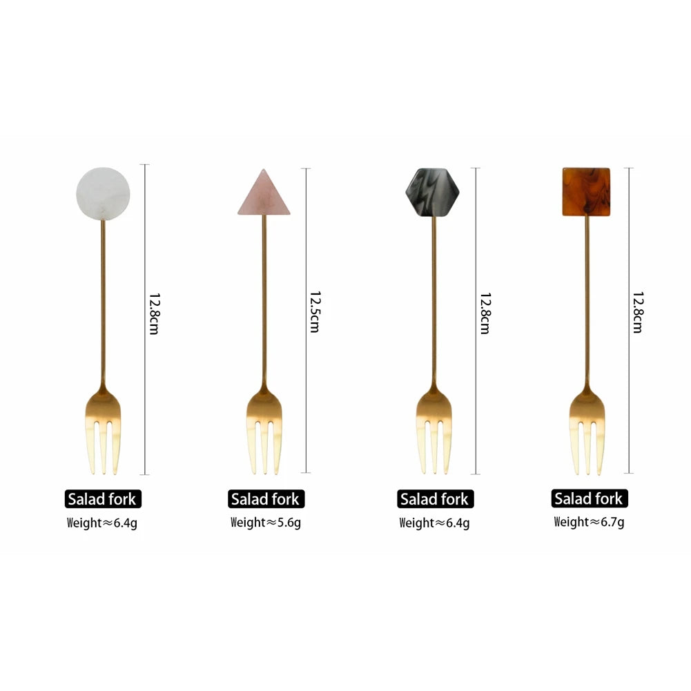 Elegantes 4-teiliges Edelstahl Löffel & Gabel Set mit gold-geometrischen Acrylgriffen