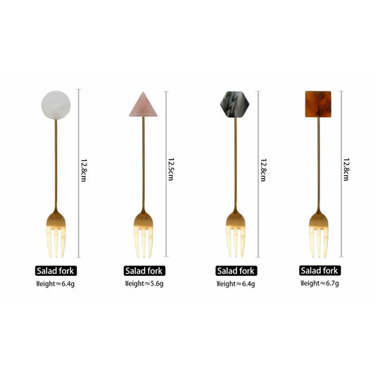 Elegantes 4-teiliges Edelstahl Löffel - Gabel Set mit gold-geometrischen Acrylgriffen