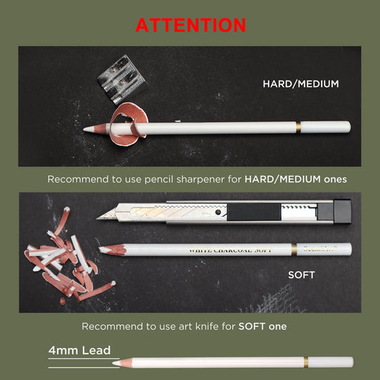 Set 3 Kohlestifte Weiß Weich Mittel Hart für Skizzen und Kunst-Yabubestshop