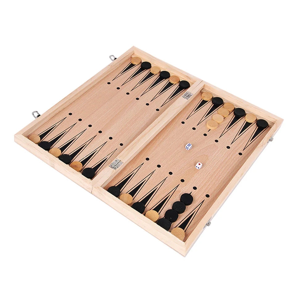 3-in-1 Holz Schach Set mit Backgammon - Dame – Reise - Freizeit