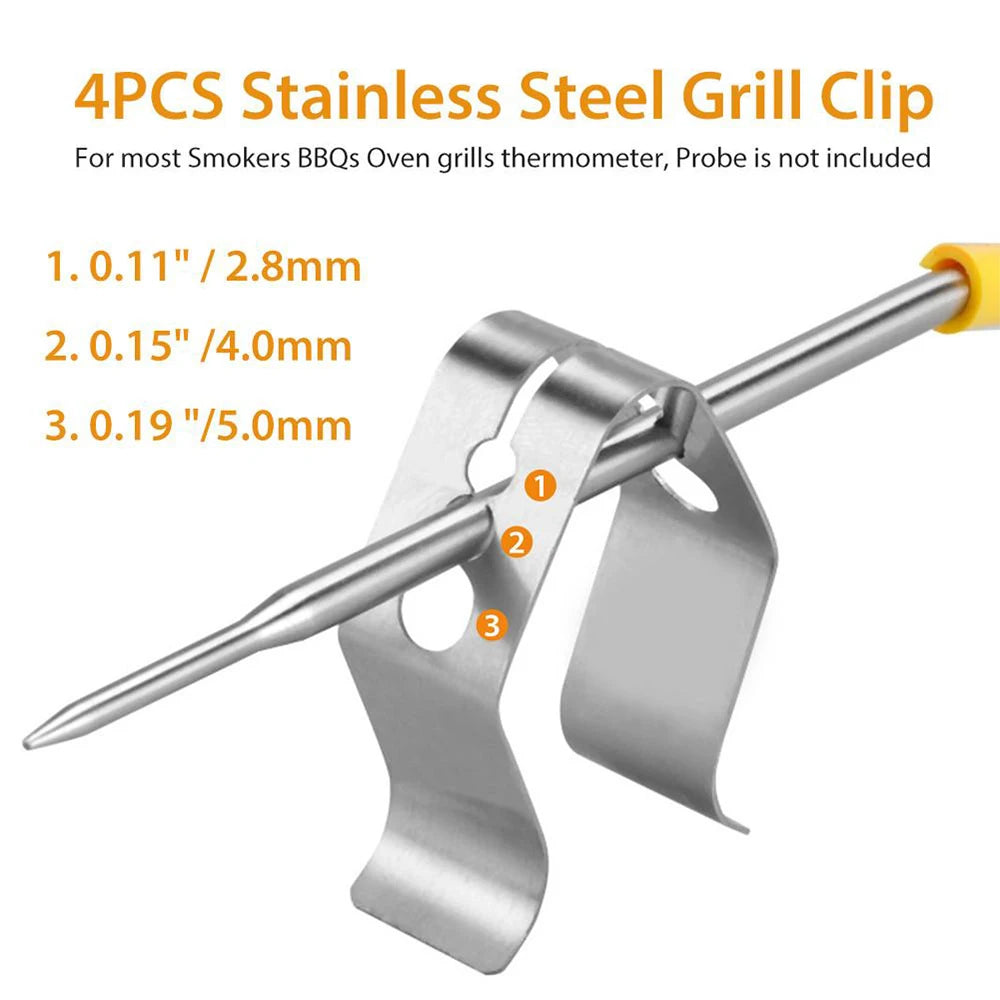 4-teiliges Universal Edelstahl BBQ Thermometer Sonde Clip Set – robust - spülmaschinenfest