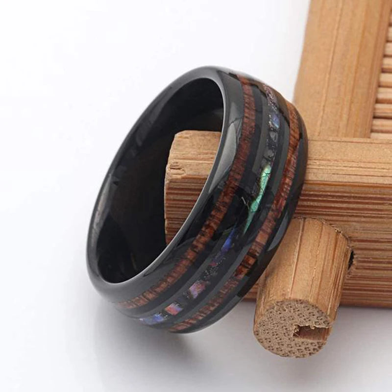 8mm Roségold Edelstahl Ring mit Koa Holz, Abalone und Opal Inlay Herren