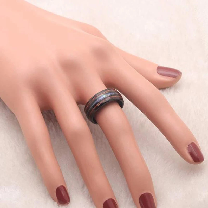 8mm Roségold Edelstahl Ring mit Koa Holz, Abalone und Opal Inlay Herren