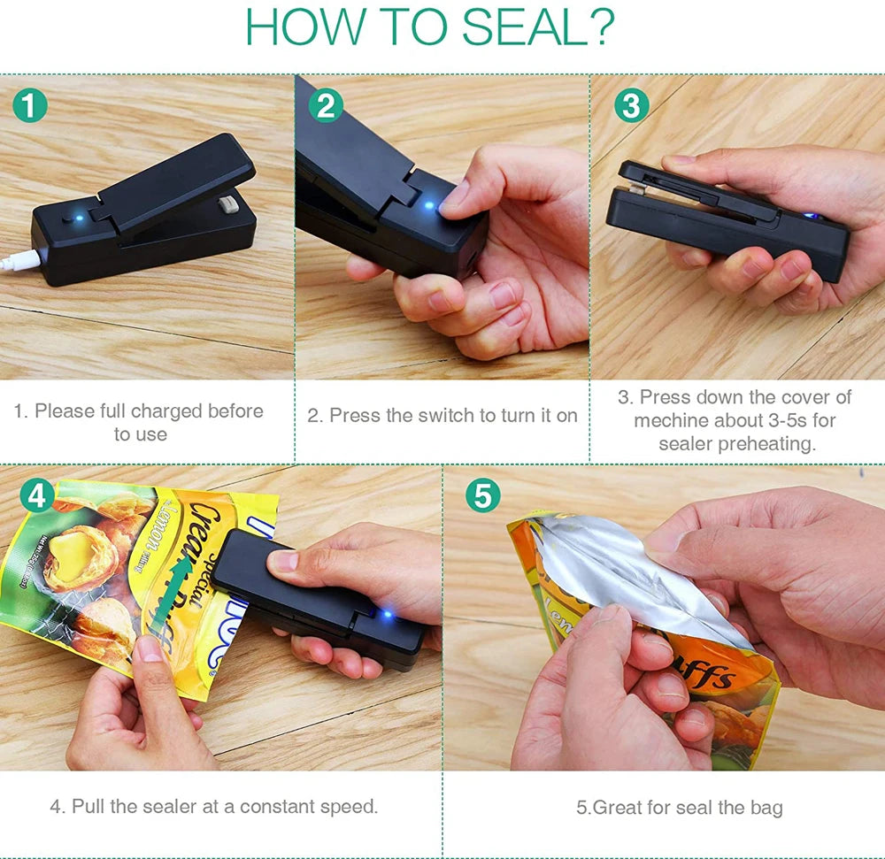 Frisch - Sicher: Tragbarer 2-in-1 Beutelversiegler - Cutter, USB-wiederaufladbar