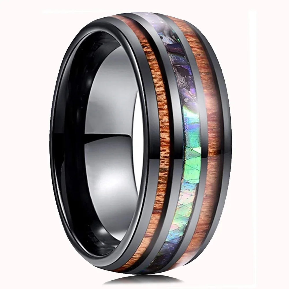 8mm Roségold Edelstahl Ring mit Koa Holz, Abalone und Opal Inlay Herren