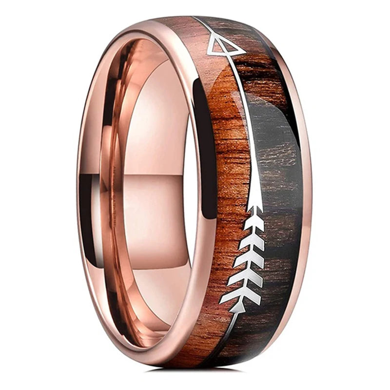8mm Roségold Edelstahl Ring mit Koa Holz, Abalone und Opal Inlay Herren