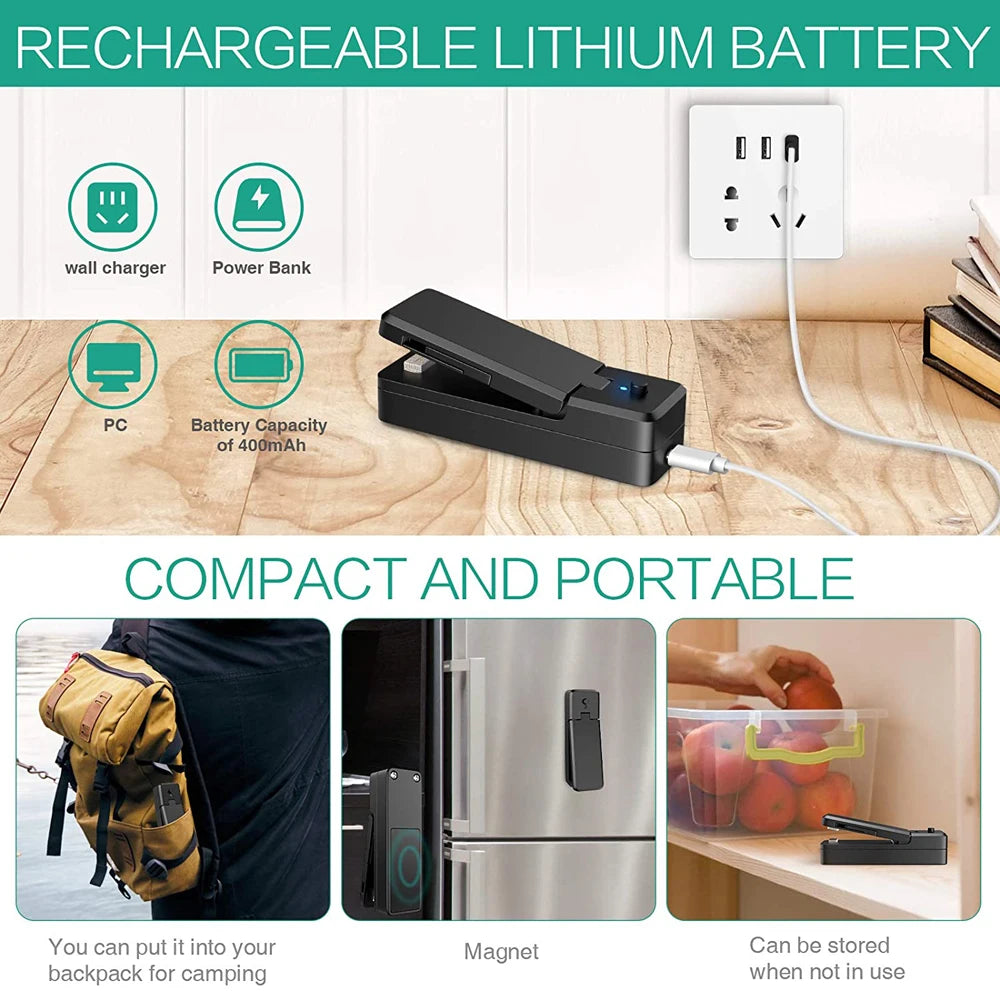 Frisch - Sicher: Tragbarer 2-in-1 Beutelversiegler - Cutter, USB-wiederaufladbar