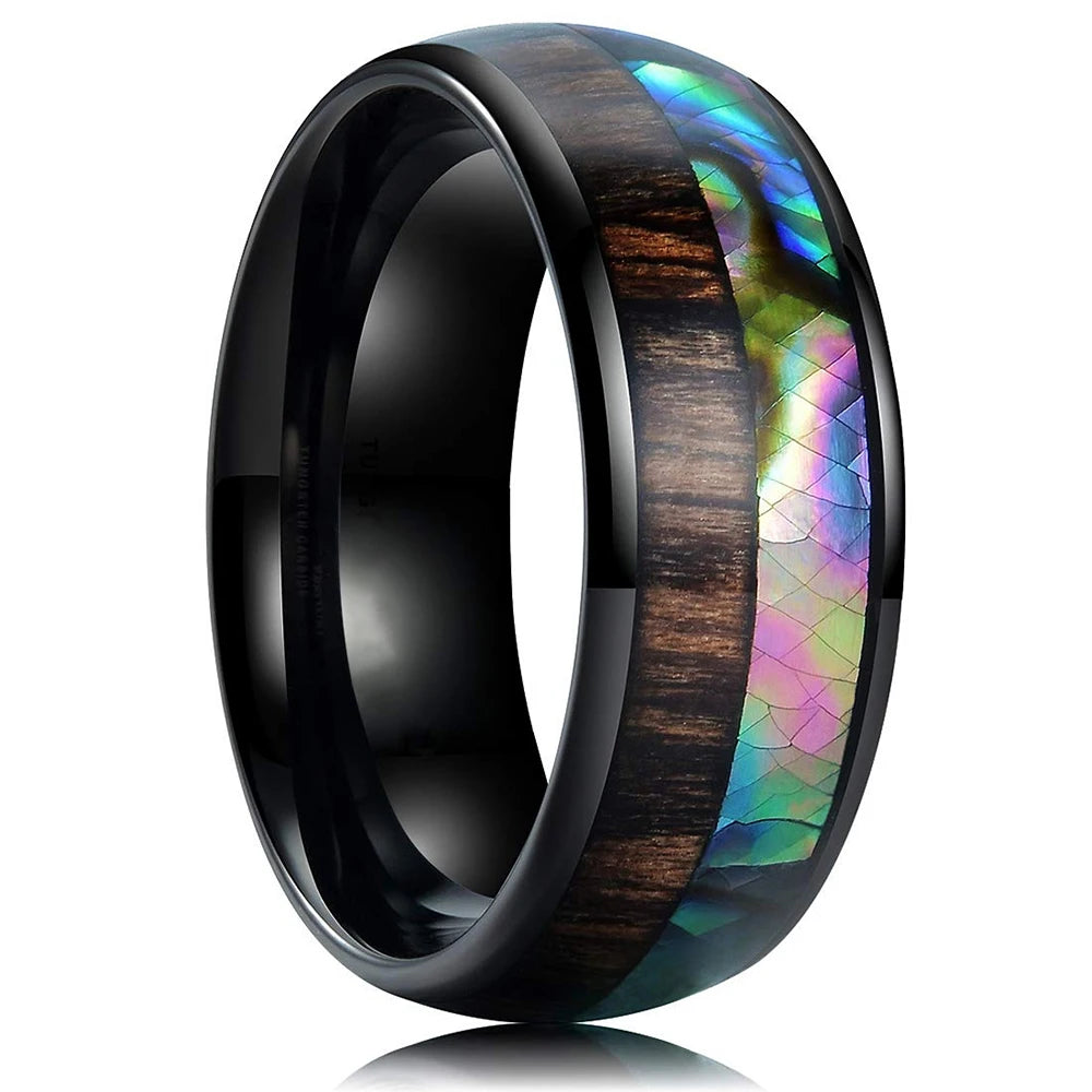 8mm Roségold Edelstahl Ring mit Koa Holz, Abalone und Opal Inlay Herren