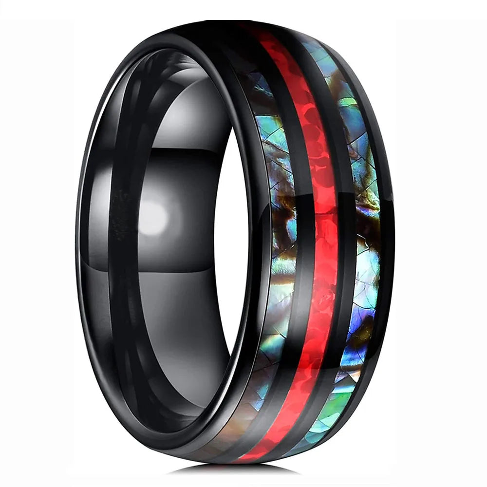8mm Roségold Edelstahl Ring mit Koa Holz, Abalone und Opal Inlay Herren